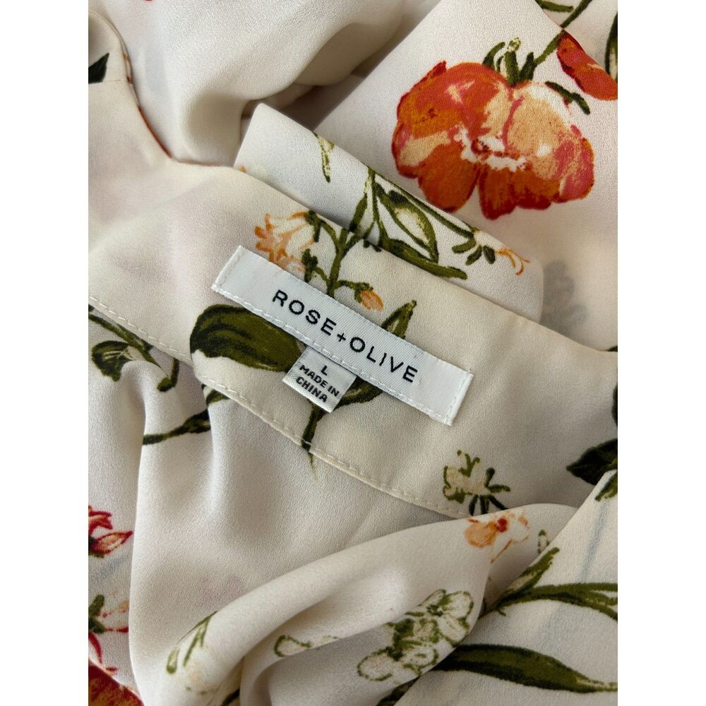 Rose & Olive Ivory Floral Poppy V-Neck Blouse Size Large - Picture 6 of 6